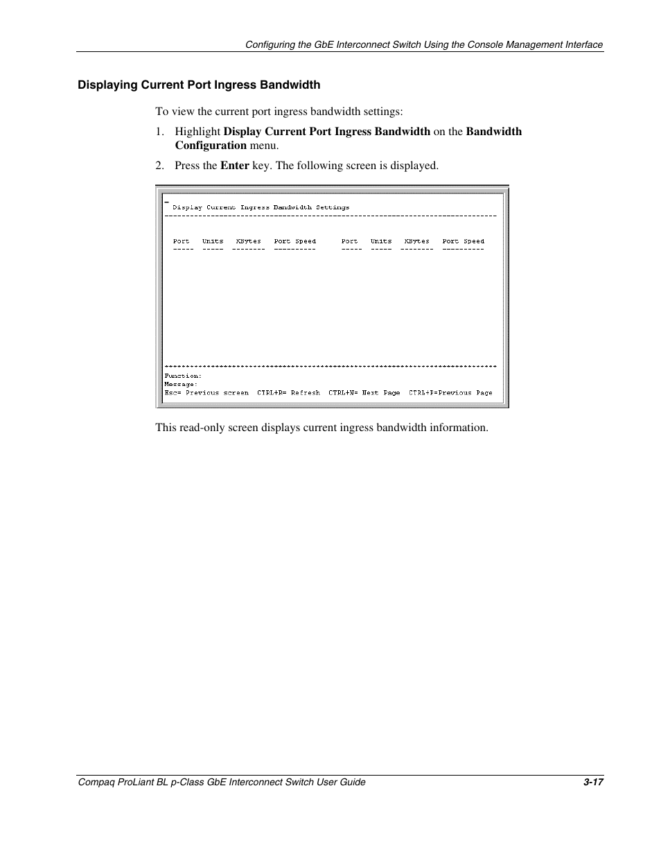 Displaying current port ingress bandwidth | Compaq ProLiant Interconnect Switch User Manual | Page 53 / 207