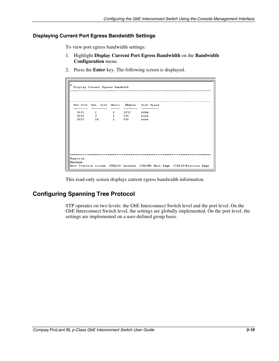 Displaying current port egress bandwidth settings, Configuring spanning tree protocol, Configuring spanning tree protocol -19 | Compaq ProLiant Interconnect Switch User Manual | Page 55 / 207