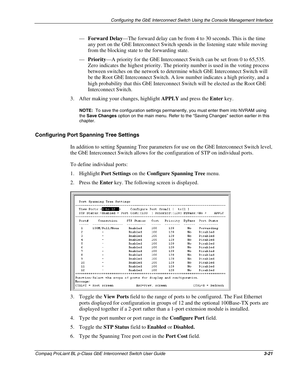Configuring port spanning tree settings | Compaq ProLiant Interconnect Switch User Manual | Page 57 / 207