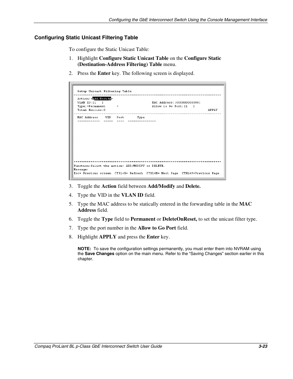 Configuring static unicast filtering table | Compaq ProLiant Interconnect Switch User Manual | Page 59 / 207