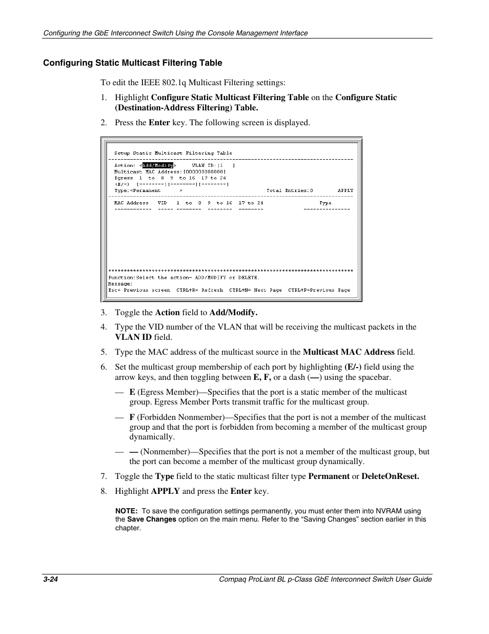 Configuring static multicast filtering table | Compaq ProLiant Interconnect Switch User Manual | Page 60 / 207