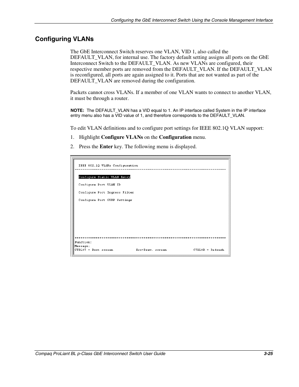 Configuring vlans, Configuring vlans -25 | Compaq ProLiant Interconnect Switch User Manual | Page 61 / 207