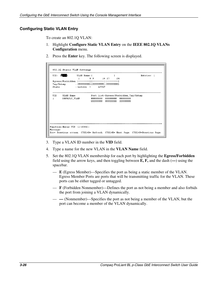 Configuring static vlan entry | Compaq ProLiant Interconnect Switch User Manual | Page 62 / 207