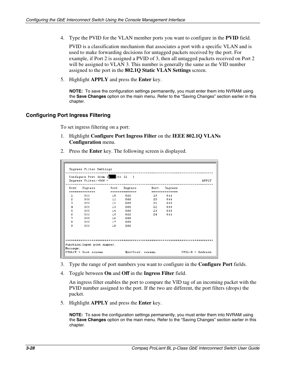 Configuring port ingress filtering | Compaq ProLiant Interconnect Switch User Manual | Page 64 / 207