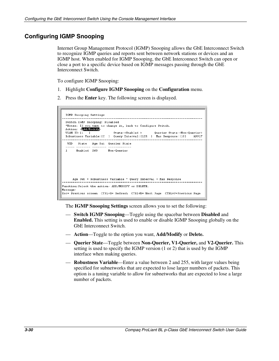 Configuring igmp snooping, Configuring igmp snooping -30 | Compaq ProLiant Interconnect Switch User Manual | Page 66 / 207