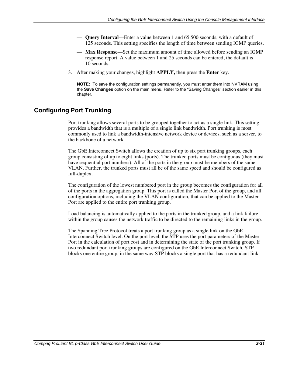 Configuring port trunking, Configuring port trunking -31 | Compaq ProLiant Interconnect Switch User Manual | Page 67 / 207