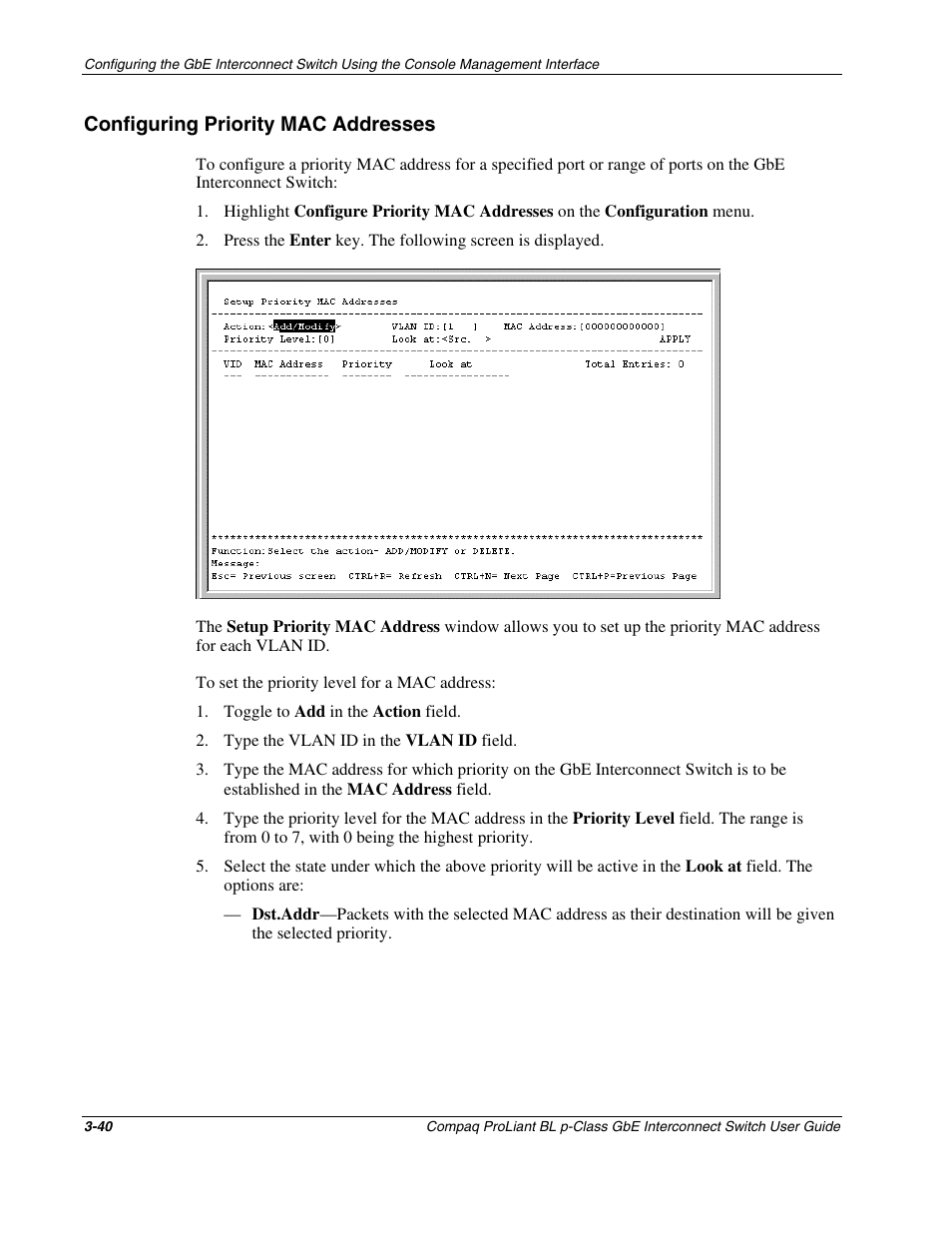Configuring priority mac addresses, Configuring priority mac addresses -40 | Compaq ProLiant Interconnect Switch User Manual | Page 76 / 207