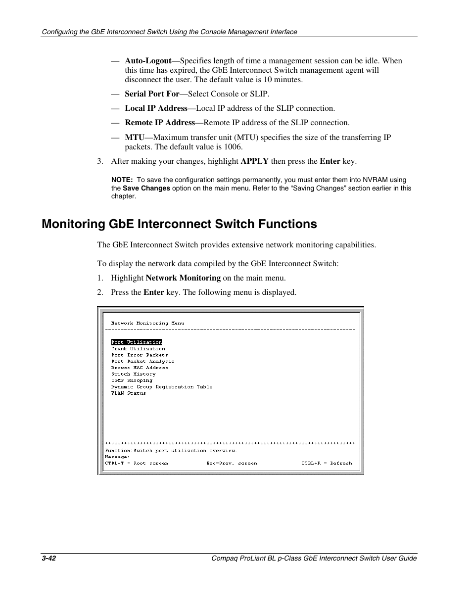 Monitoring gbe interconnect switch functions, Monitoring gbe interconnect switch functions -42 | Compaq ProLiant Interconnect Switch User Manual | Page 78 / 207