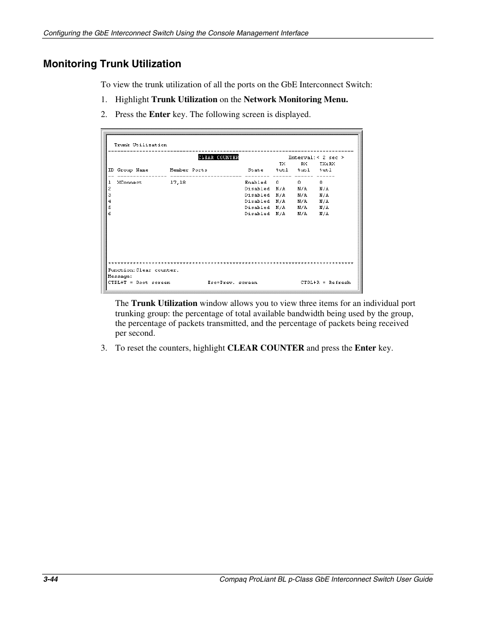 Monitoring trunk utilization, Monitoring trunk utilization -44 | Compaq ProLiant Interconnect Switch User Manual | Page 80 / 207