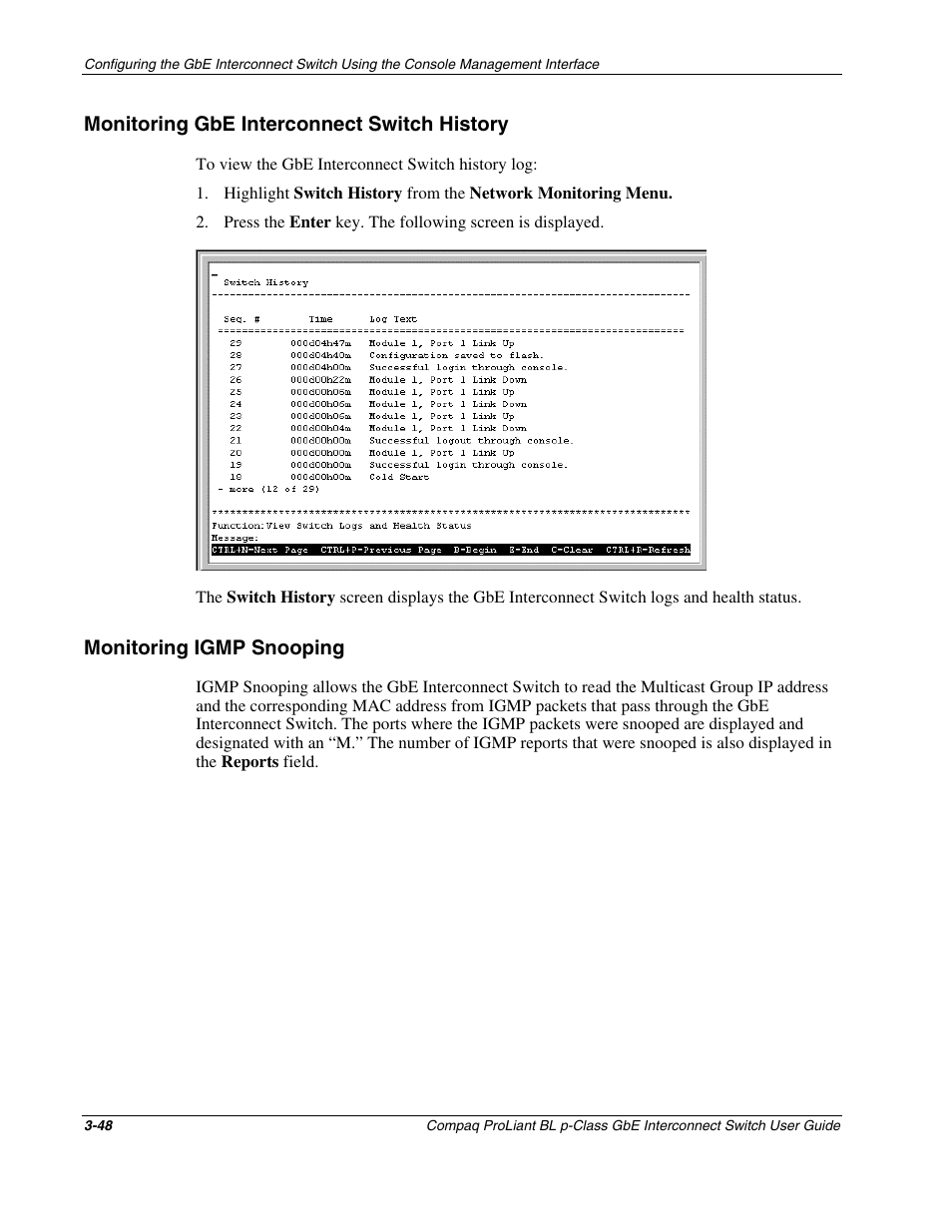 Monitoring gbe interconnect switch history, Monitoring igmp snooping, Monitoring gbe interconnect switch history -48 | Monitoring igmp snooping -48 | Compaq ProLiant Interconnect Switch User Manual | Page 84 / 207