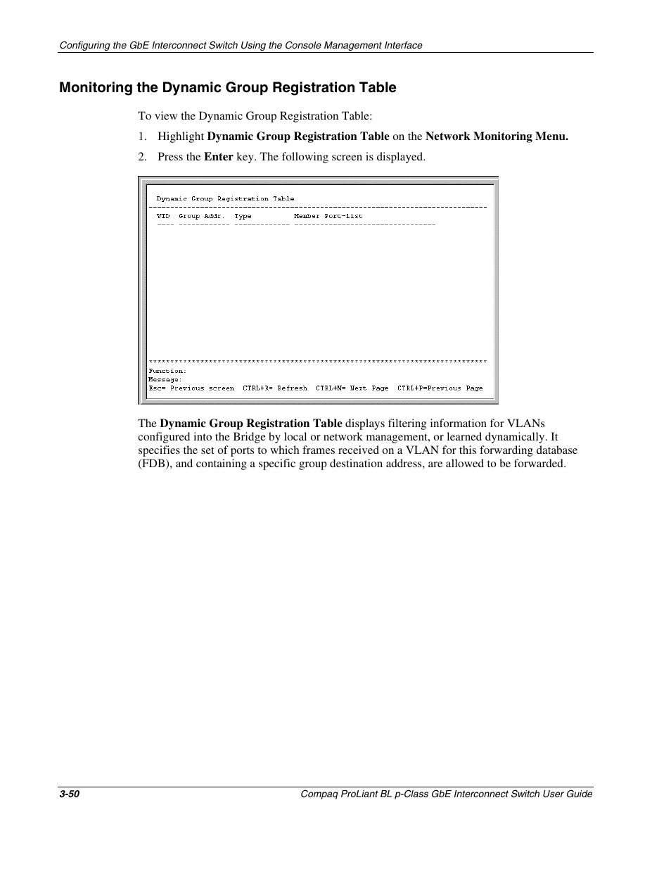Monitoring the dynamic group registration table | Compaq ProLiant Interconnect Switch User Manual | Page 86 / 207