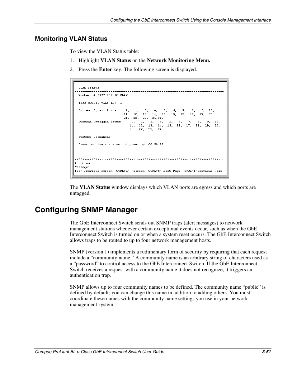 Monitoring vlan status, Configuring snmp manager, Monitoring vlan status -51 | Configuring snmp manager -51 | Compaq ProLiant Interconnect Switch User Manual | Page 87 / 207