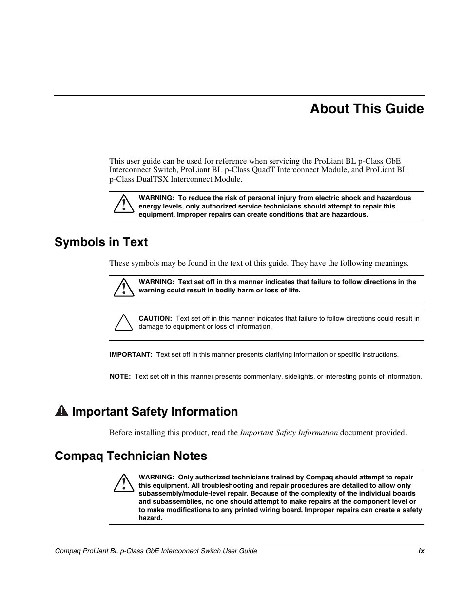 About this guide, Symbols in text, Important safety information | Compaq technician notes | Compaq ProLiant Interconnect Switch User Manual | Page 9 / 207