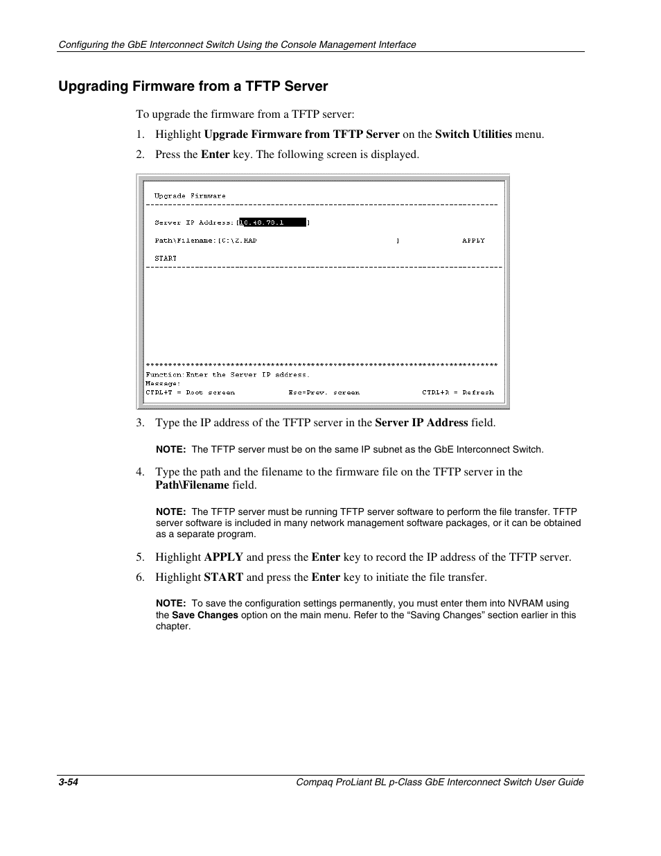 Upgrading firmware from a tftp server, Upgrading firmware from a tftp server -54 | Compaq ProLiant Interconnect Switch User Manual | Page 90 / 207