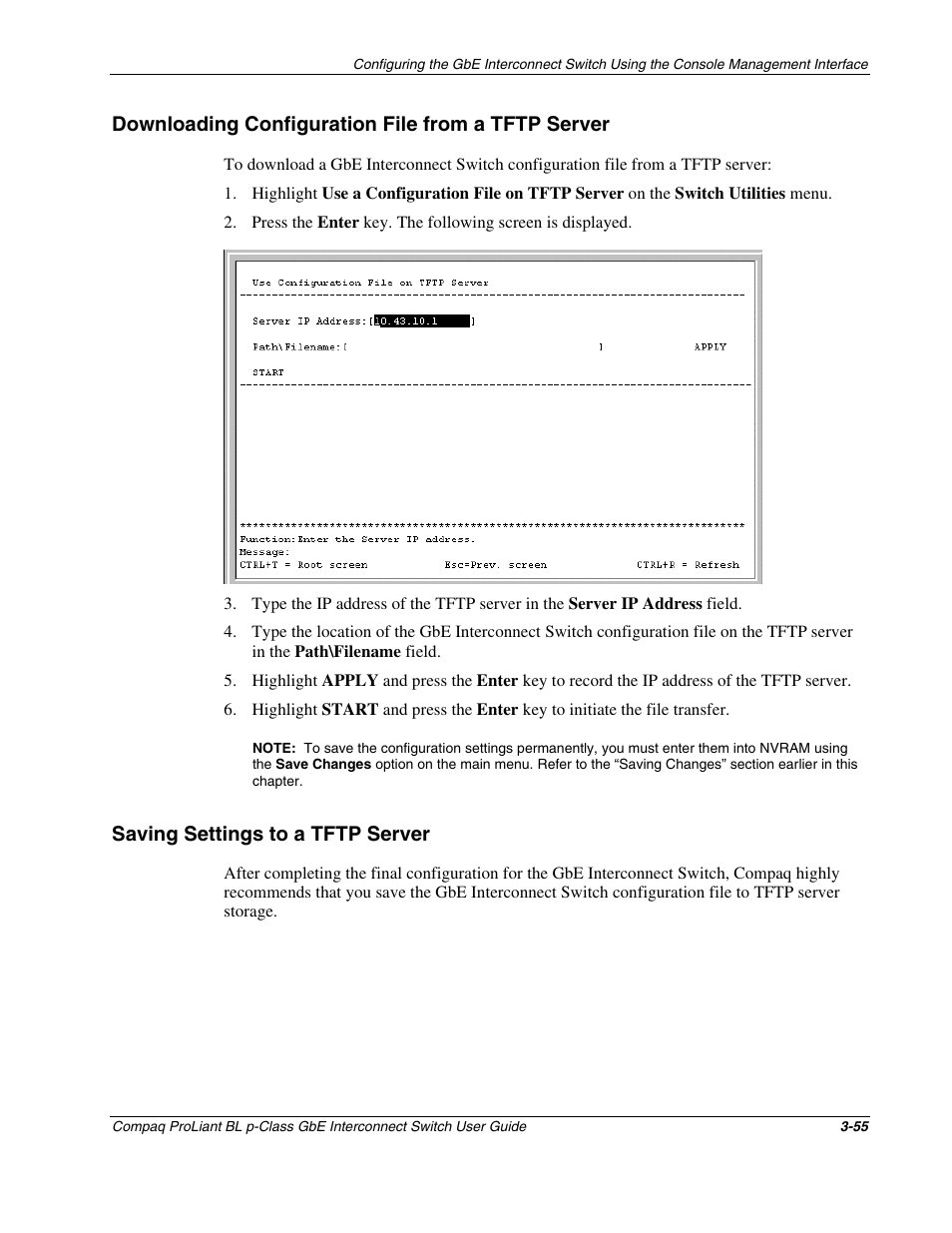 Downloading configuration file from a tftp server, Saving settings to a tftp server, Saving settings to a tftp server -55 | Compaq ProLiant Interconnect Switch User Manual | Page 91 / 207