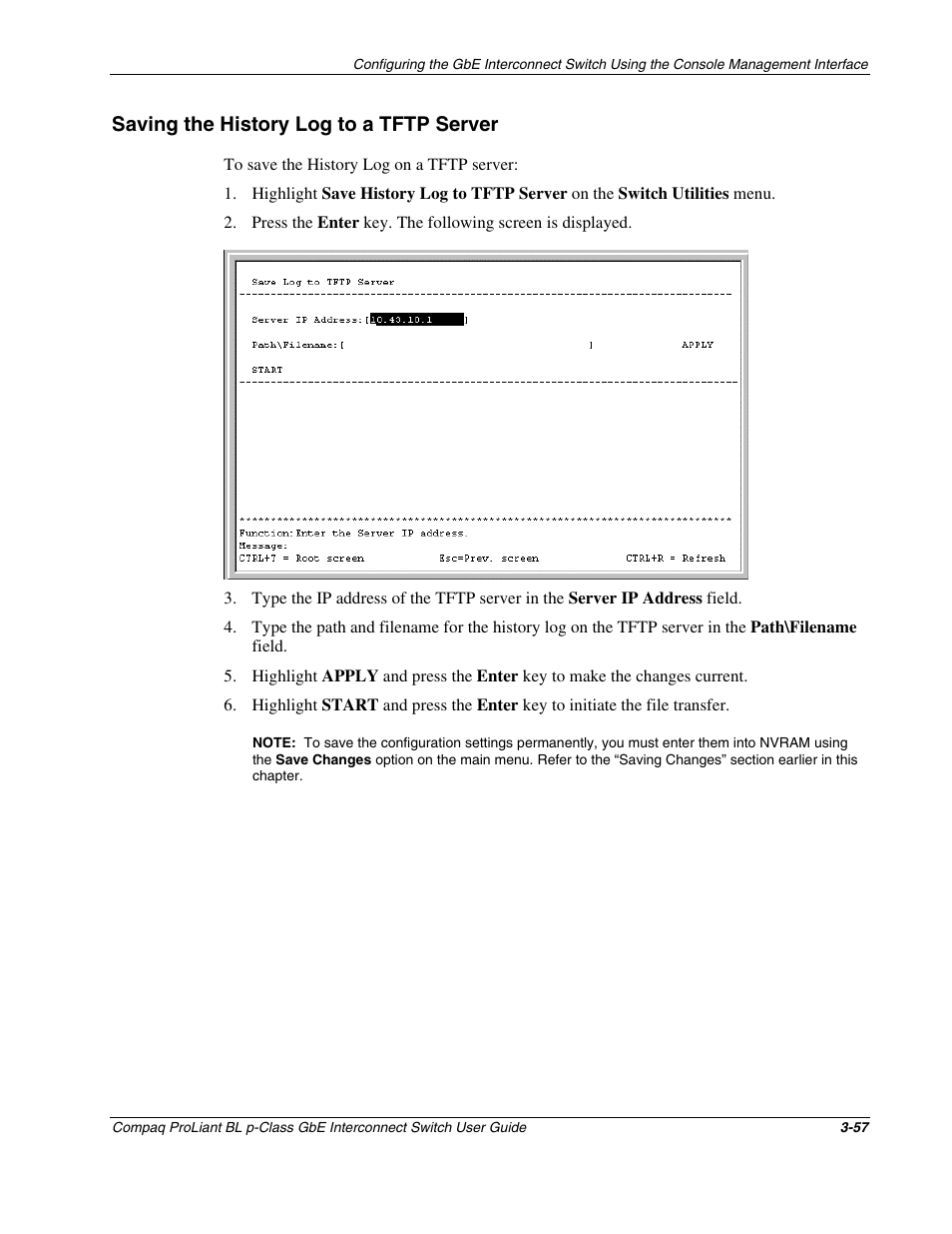 Saving the history log to a tftp server, Saving the history log to a tftp server -57 | Compaq ProLiant Interconnect Switch User Manual | Page 93 / 207