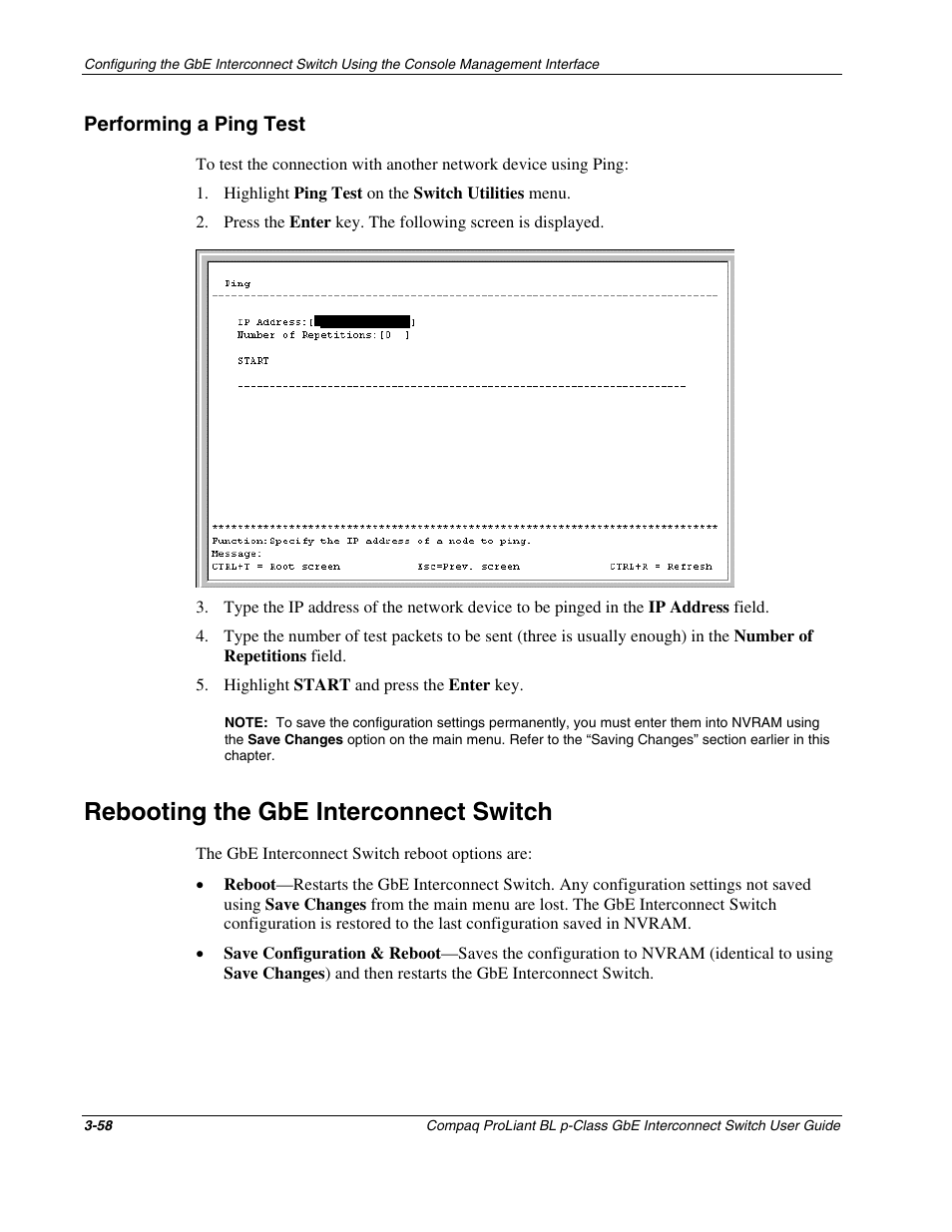 Performing a ping test, Rebooting the gbe interconnect switch, Performing a ping test -58 | Rebooting the gbe interconnect switch -58 | Compaq ProLiant Interconnect Switch User Manual | Page 94 / 207