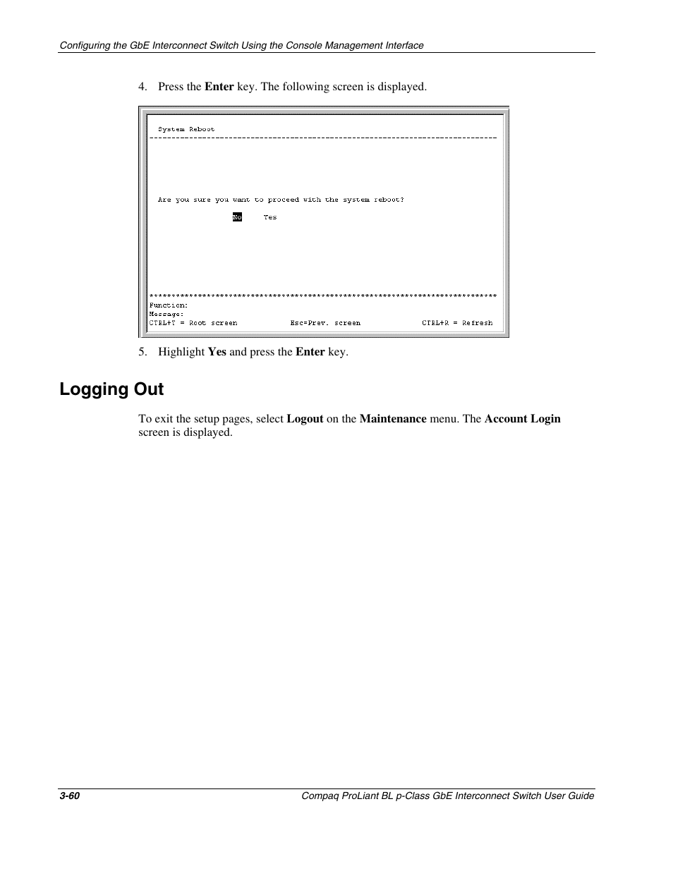 Logging out, Logging out -60 | Compaq ProLiant Interconnect Switch User Manual | Page 96 / 207