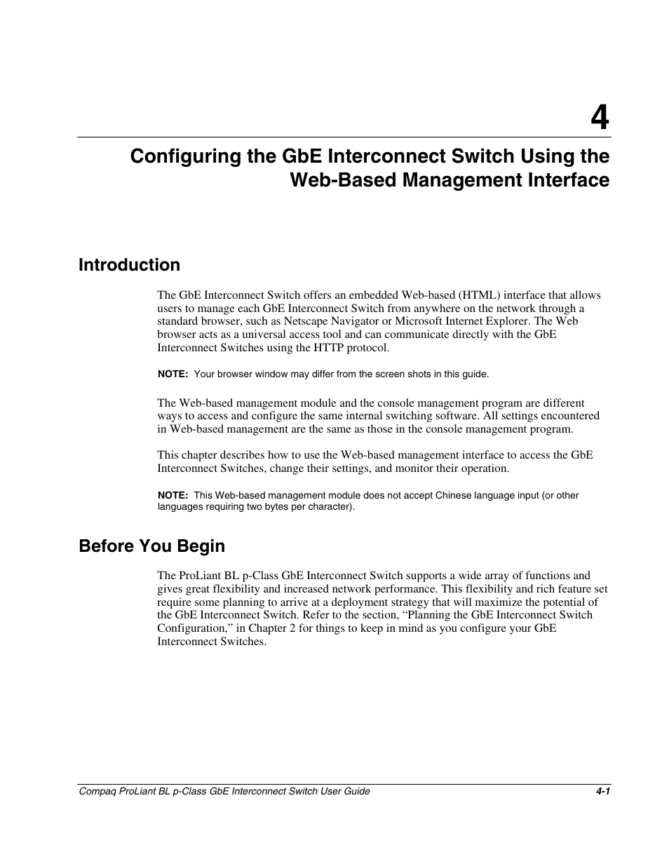 Introduction, Before you begin, Chapter 4 | Introduction -1, Before you begin -1 | Compaq ProLiant Interconnect Switch User Manual | Page 97 / 207