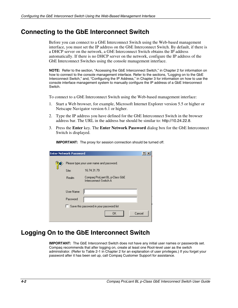Connecting to the gbe interconnect switch, Logging on to the gbe interconnect switch, Connecting to the gbe interconnect switch -2 | Logging on to the gbe interconnect switch -2 | Compaq ProLiant Interconnect Switch User Manual | Page 98 / 207