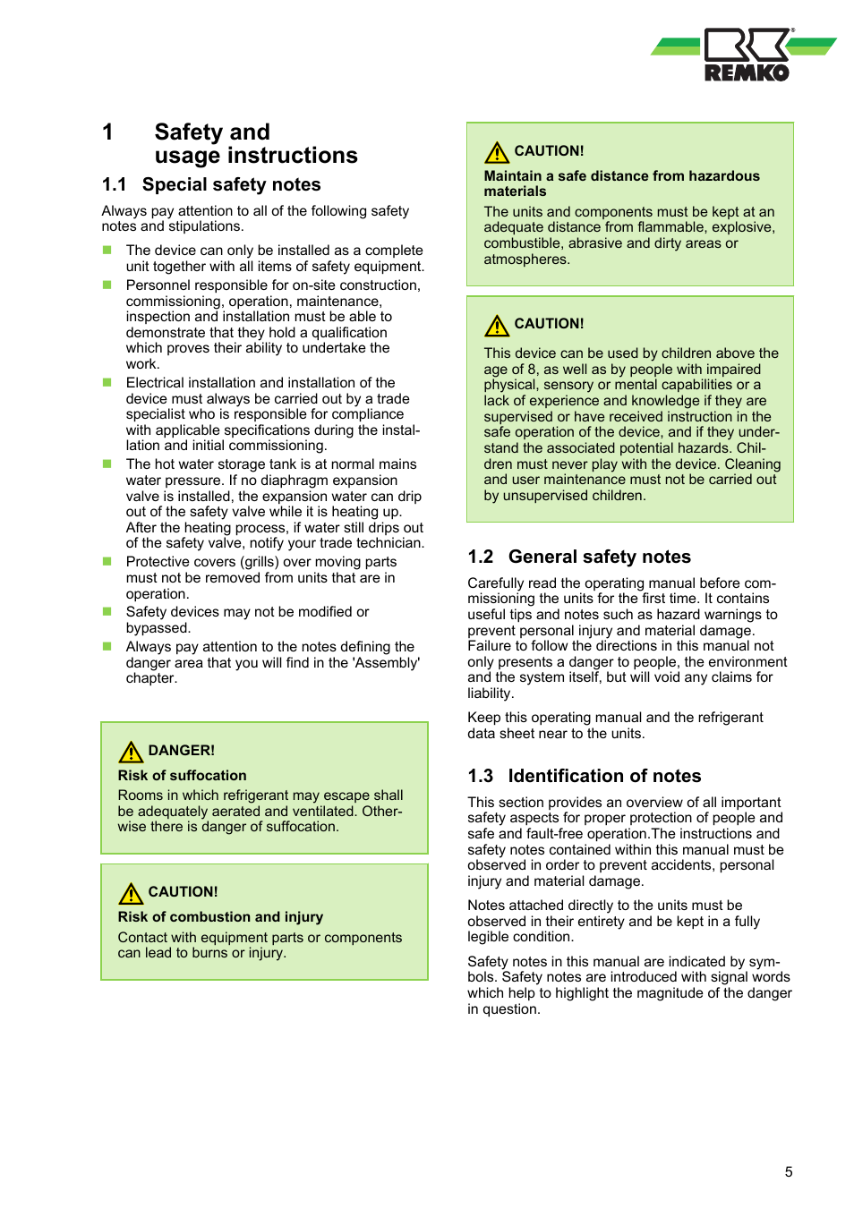 1 safety and usage instructions, 1 special safety notes, 2 general safety notes | 3 identification of notes, 1safety and usage instructions | REMKO HTS 90 ALU User Manual | Page 5 / 76