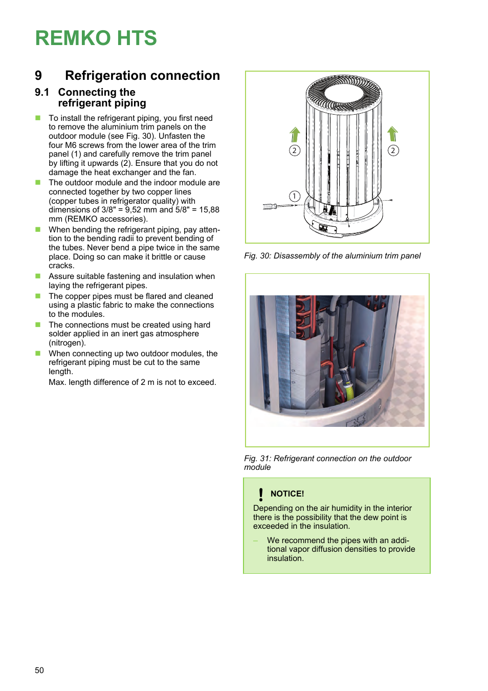 9 refrigeration connection, 1 connecting the refrigerant piping, Remko hts | 9refrigeration connection | REMKO HTS 90 ALU User Manual | Page 50 / 76