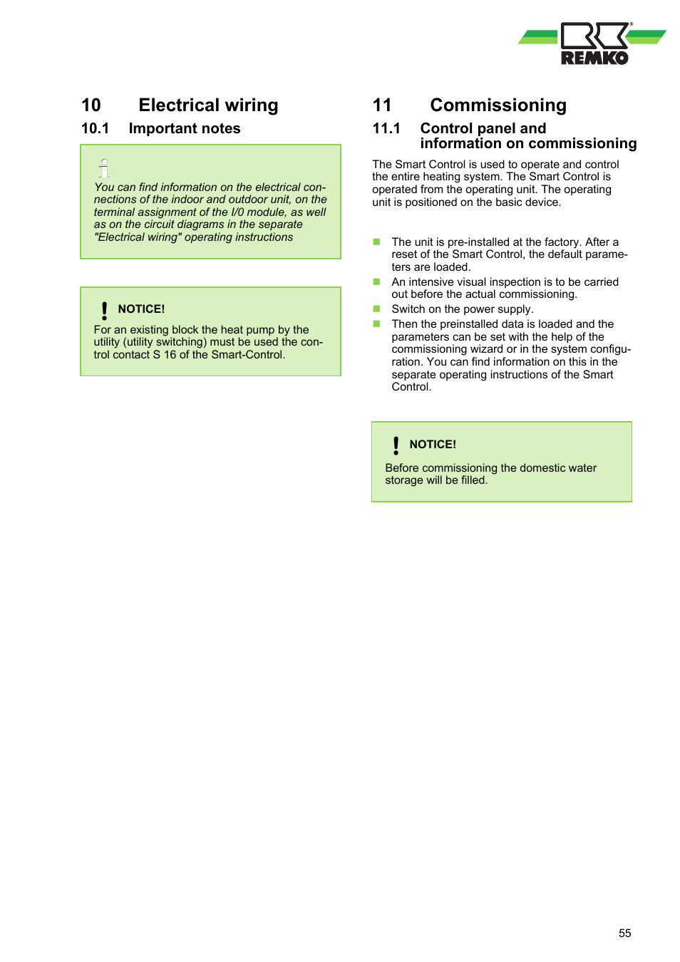 10 electrical wiring, 1 important notes, 11 commissioning | 1 control panel and information on commissioning, Electrical wiring 10.1 important notes | REMKO HTS 90 ALU User Manual | Page 55 / 76