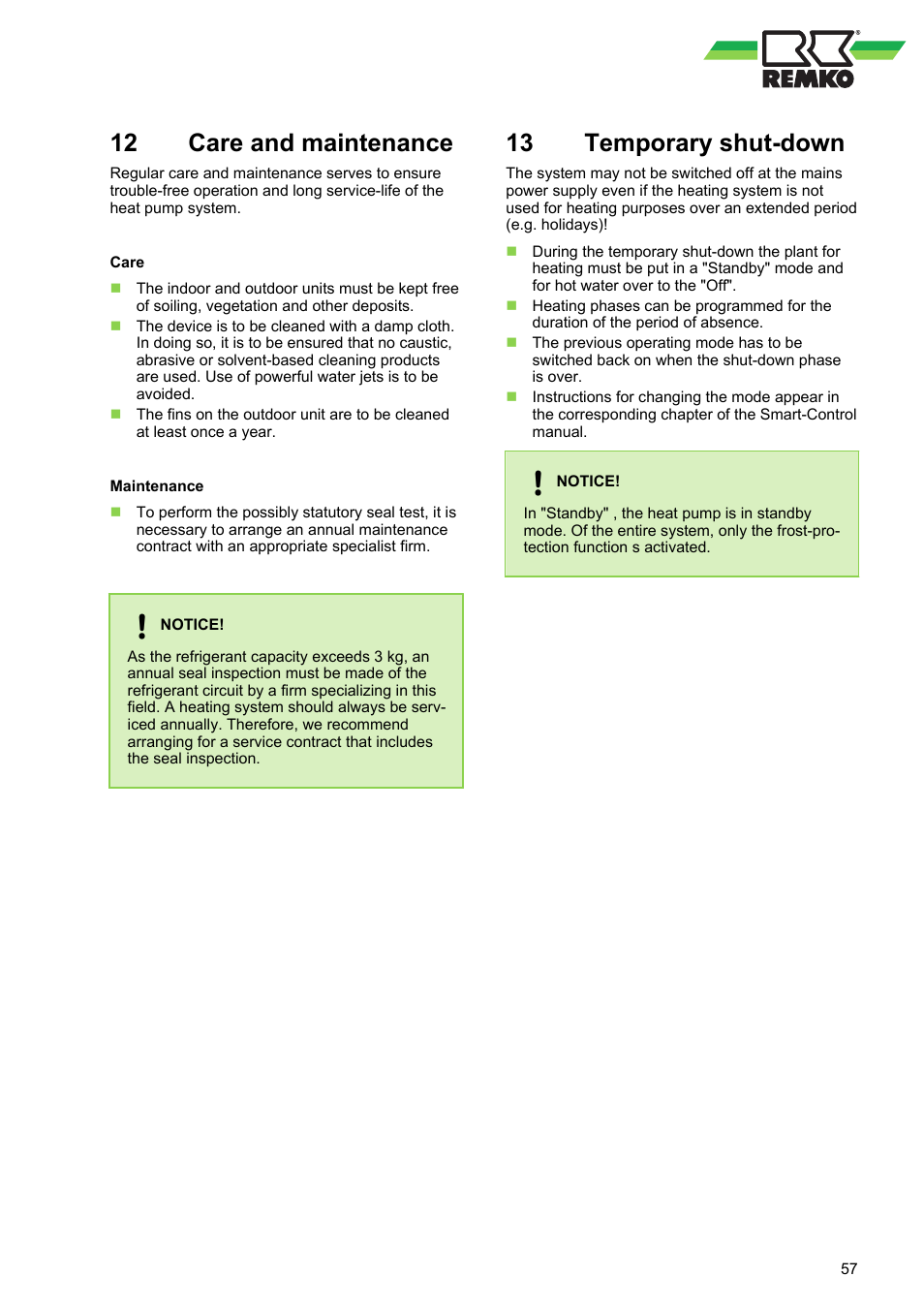 12 care and maintenance, 13 temporary shut-down, Care and maintenance | Temporary shut-down | REMKO HTS 90 ALU User Manual | Page 57 / 76