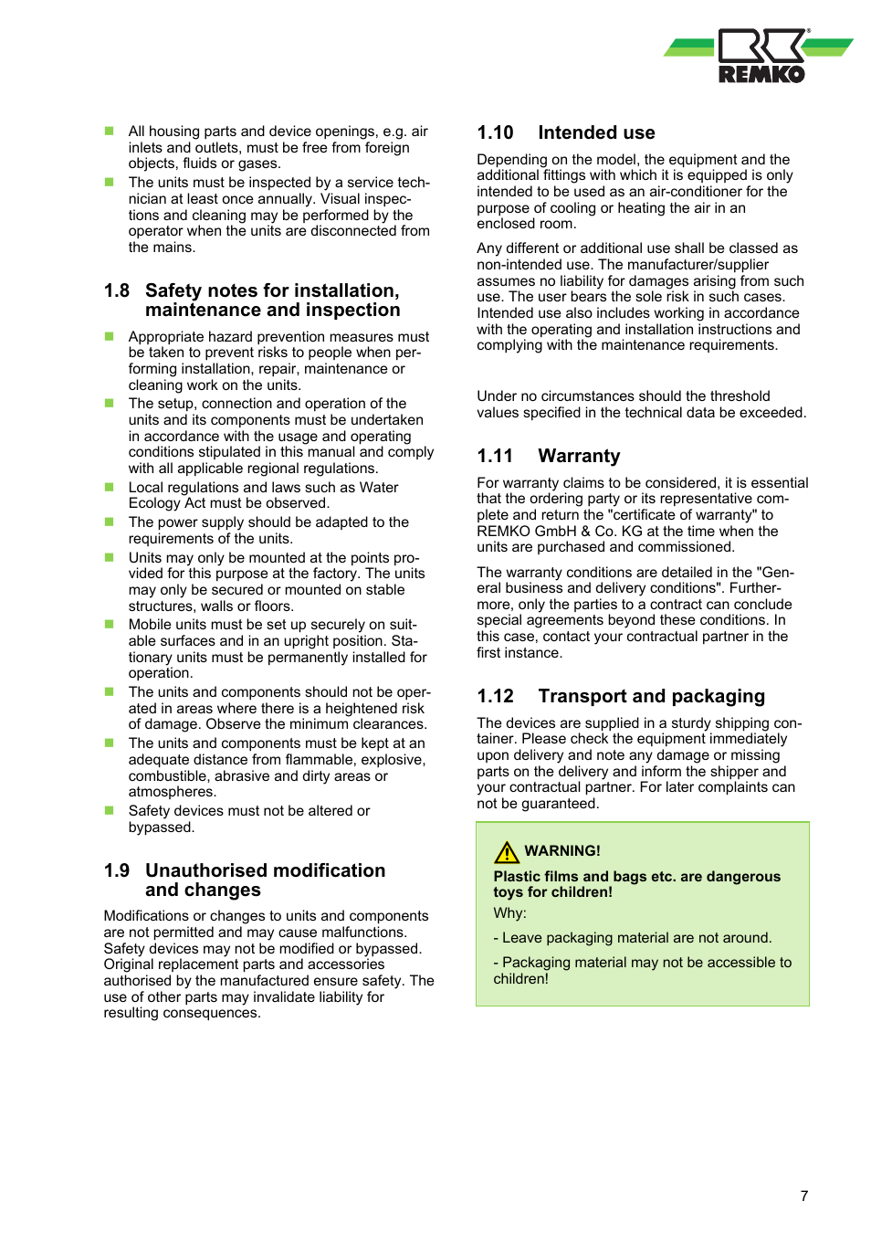 9 unauthorised modification and changes, 10 intended use, 11 warranty | 12 transport and packaging | REMKO HTS 90 ALU User Manual | Page 7 / 76