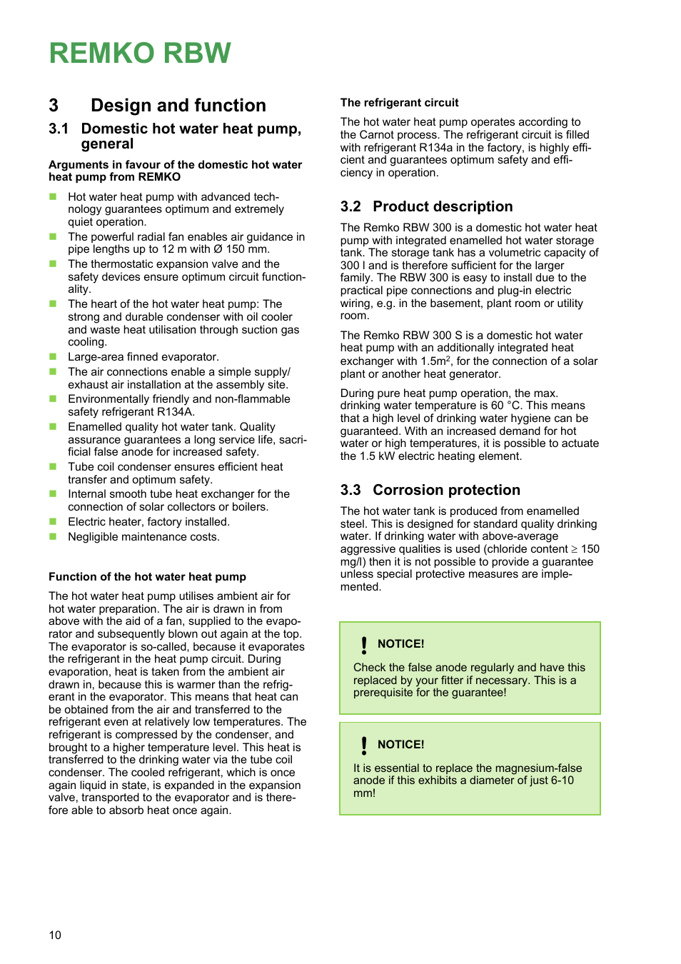 3 design and function, 1 domestic hot water heat pump, general, 2 product description | 3 corrosion protection, Remko rbw, 3design and function | REMKO RBW 300 PV User Manual | Page 10 / 48