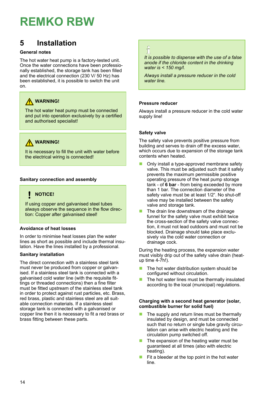 5 installation, Installation, Remko rbw | 5installation | REMKO RBW 300 PV User Manual | Page 14 / 48