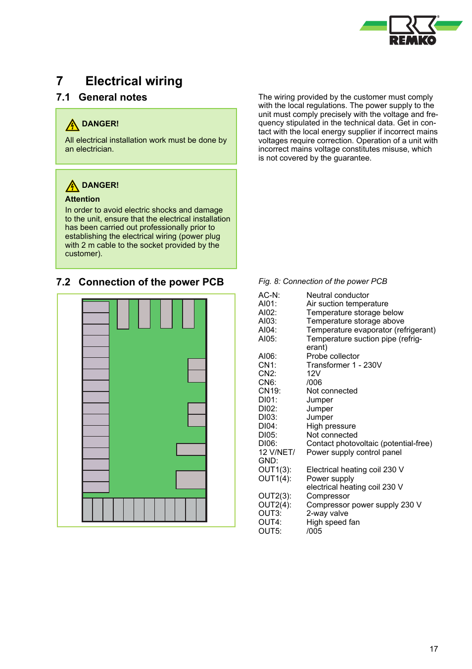 7 electrical wiring, 1 general notes, 2 connection of the power pcb | Hw200, 7electrical wiring | REMKO RBW 300 PV User Manual | Page 17 / 48
