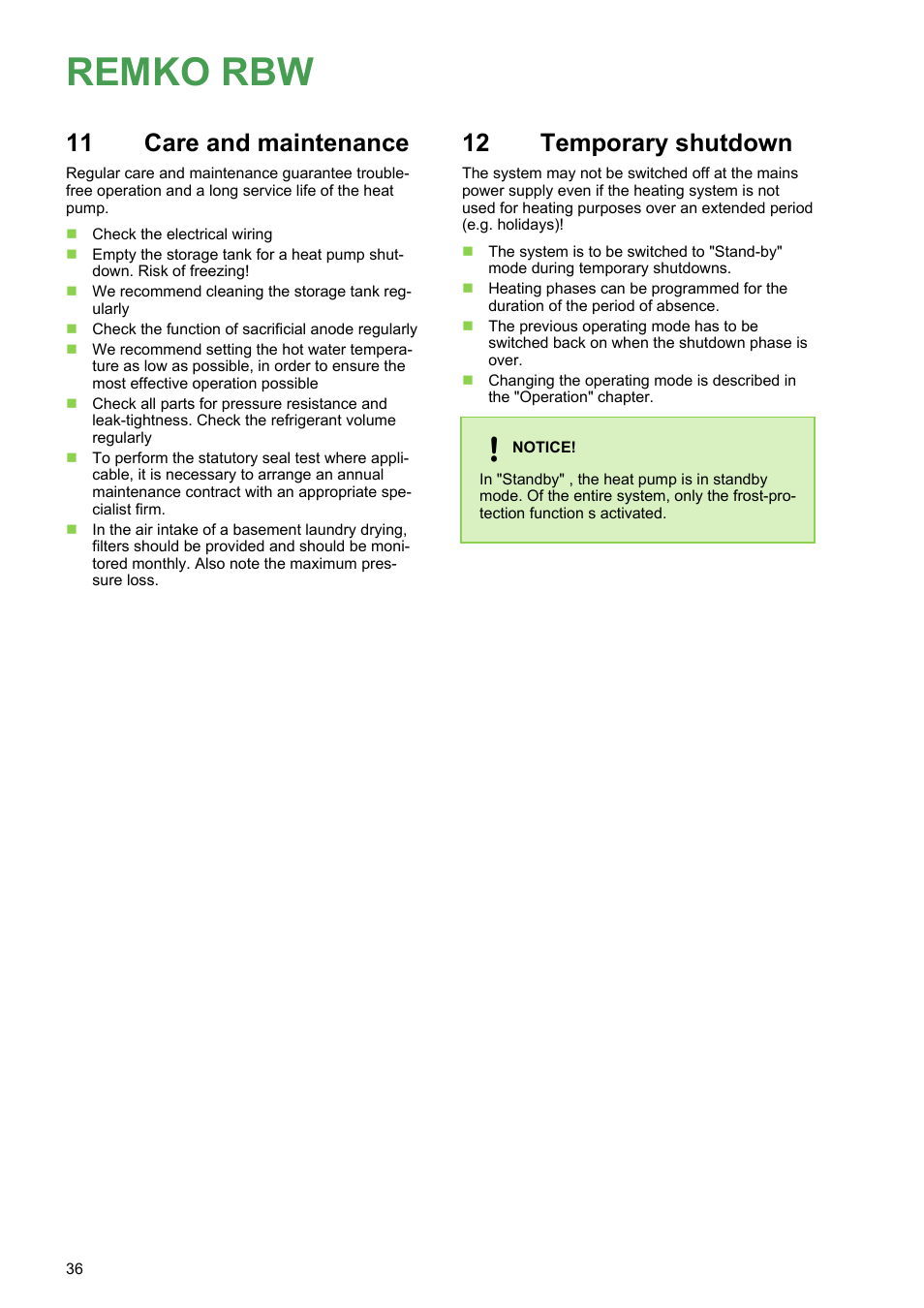 11 care and maintenance, 12 temporary shutdown, Care and maintenance | Temporary shutdown, Remko rbw | REMKO RBW 300 PV User Manual | Page 36 / 48