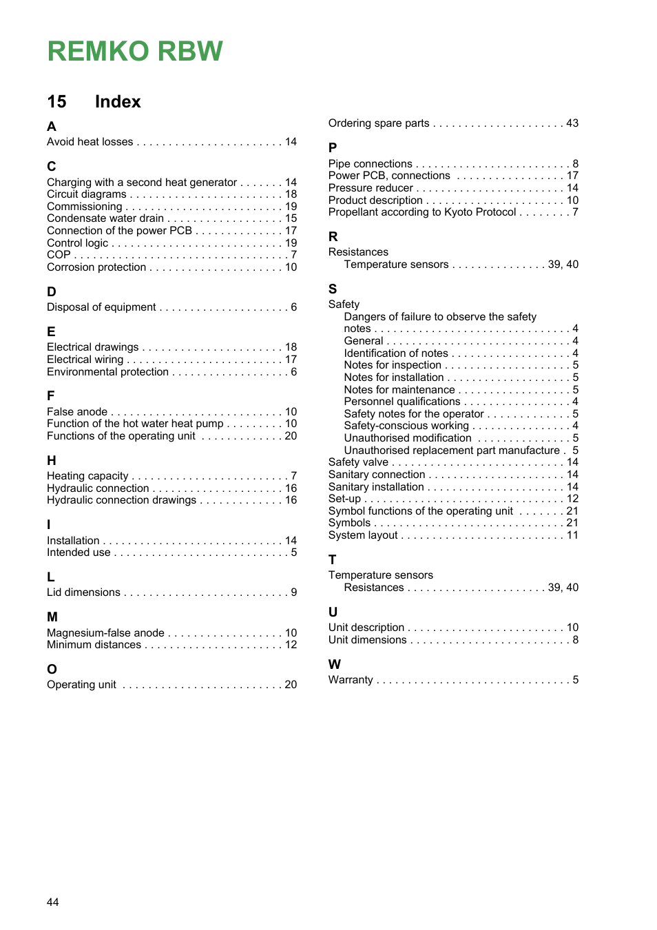 15 index, Index, Remko rbw | REMKO RBW 300 PV User Manual | Page 44 / 48