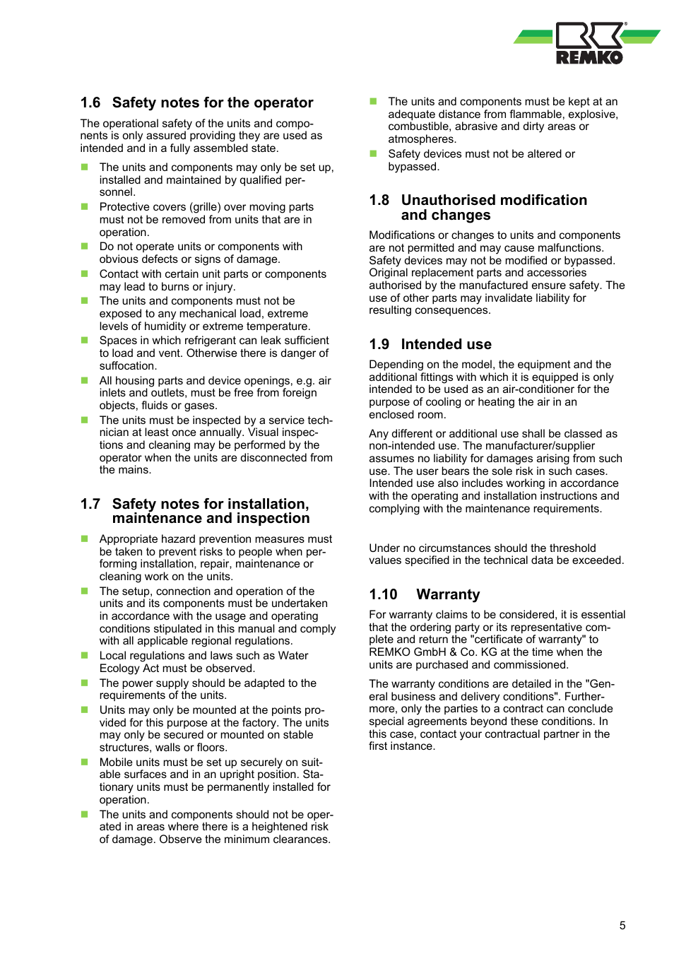 6 safety notes for the operator, 8 unauthorised modification and changes, 9 intended use | 10 warranty | REMKO RBW 300 PV User Manual | Page 5 / 48