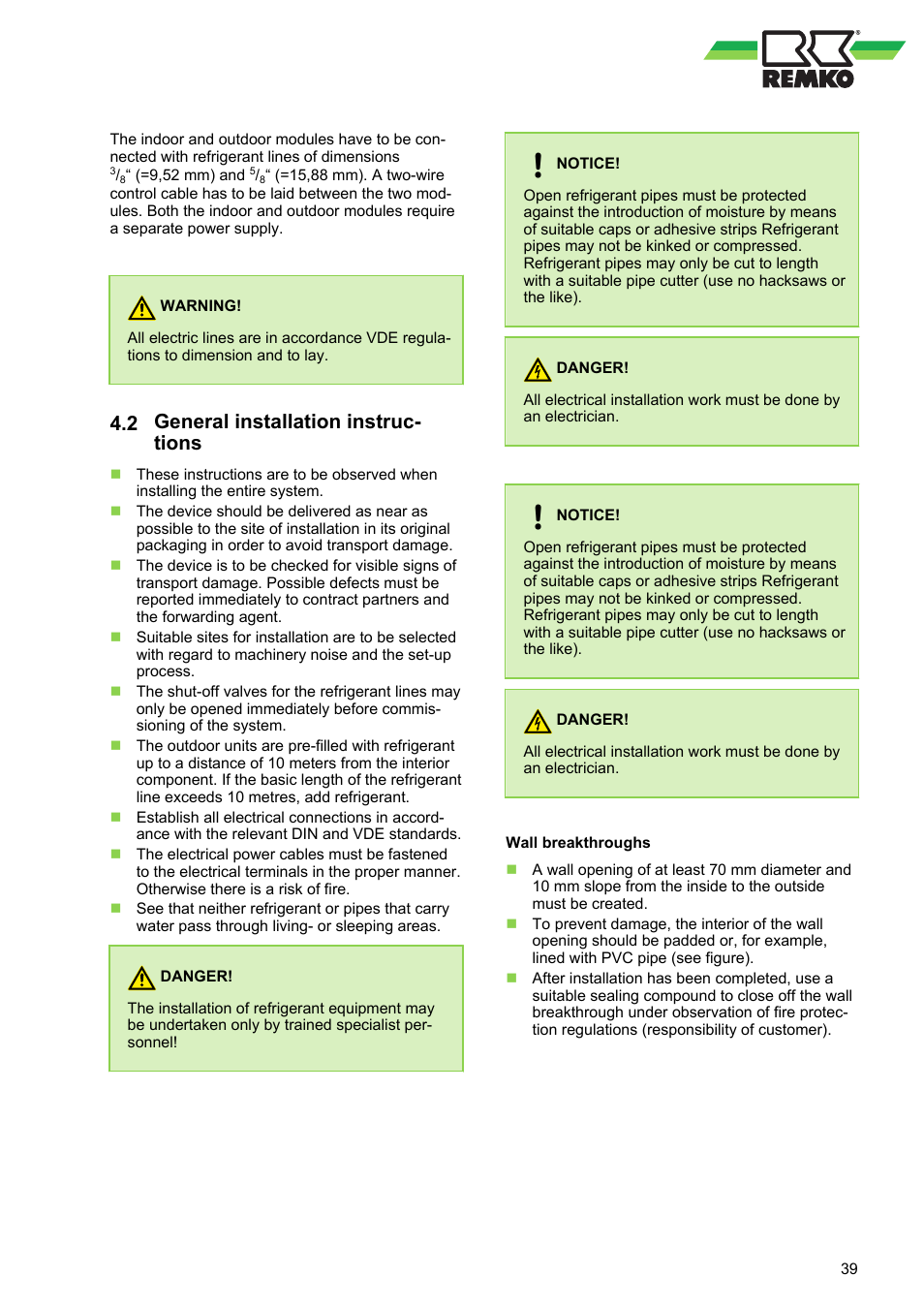 2 general installation instructions, General installation instruc- tions | REMKO WKF 85 User Manual | Page 39 / 96