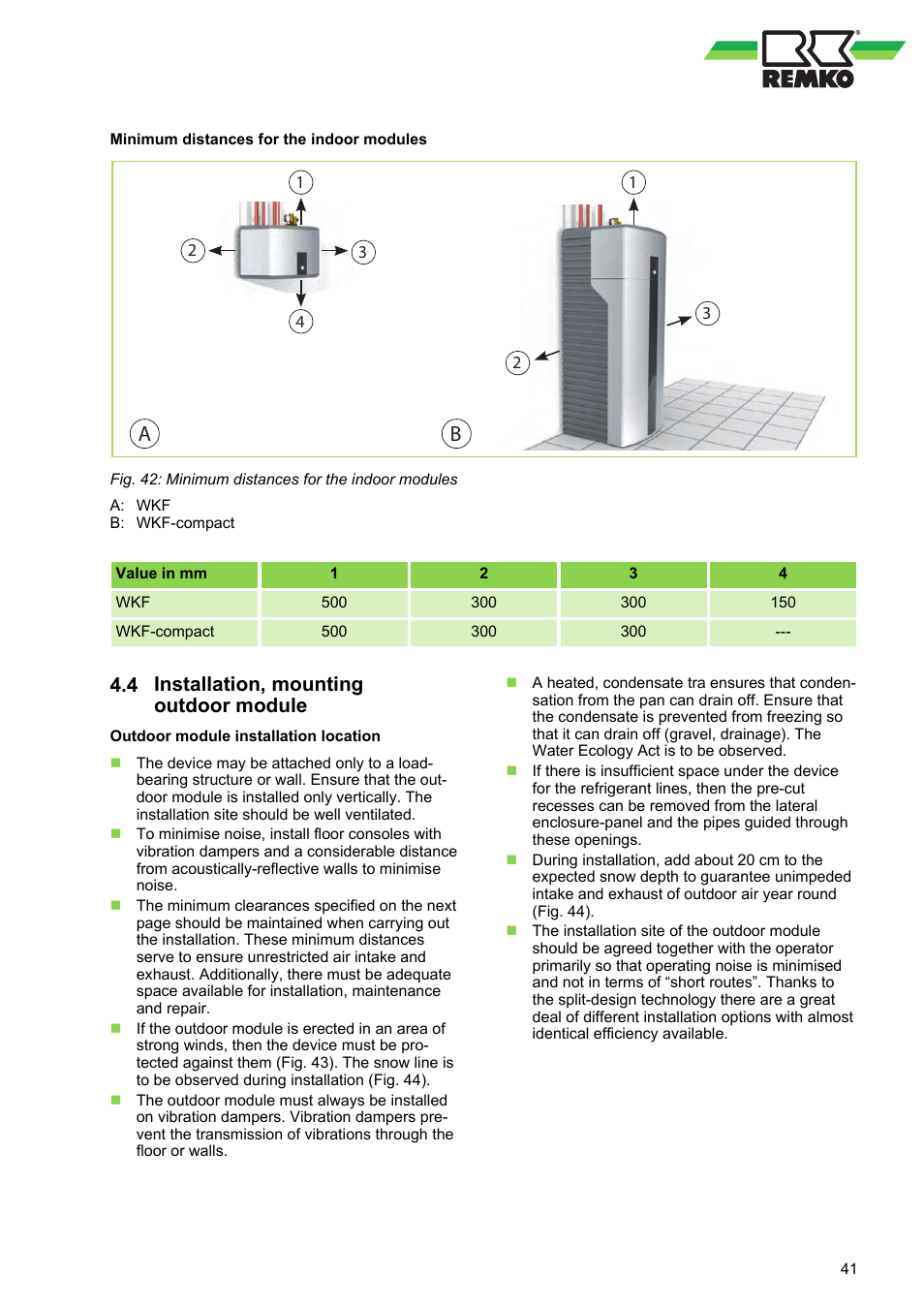 4 installation, mounting outdoor module, Installation, mounting outdoor module | REMKO WKF 85 User Manual | Page 41 / 96