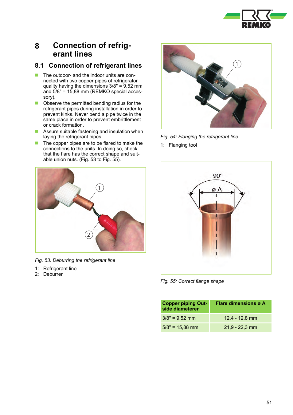 8 connection of refrigerant lines, 1 connection of refrigerant lines, Connection of refrig- erant lines | REMKO WKF 85 User Manual | Page 51 / 96