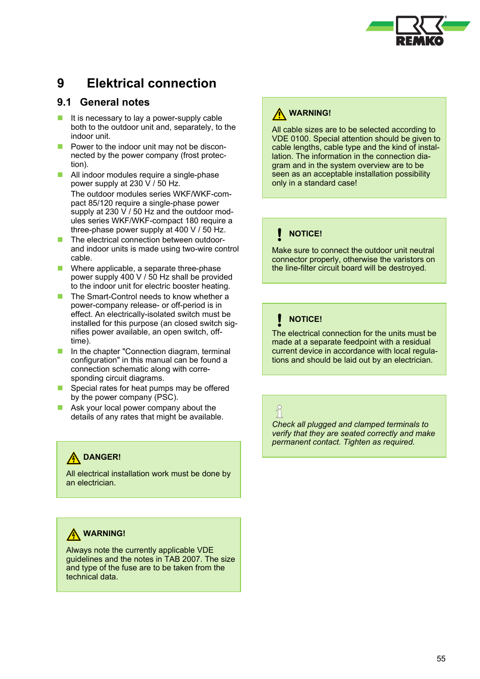 9 elektrical connection, 1 general notes, Elektrical connection 9.1 general notes | Elektrical connection | REMKO WKF 85 User Manual | Page 55 / 96