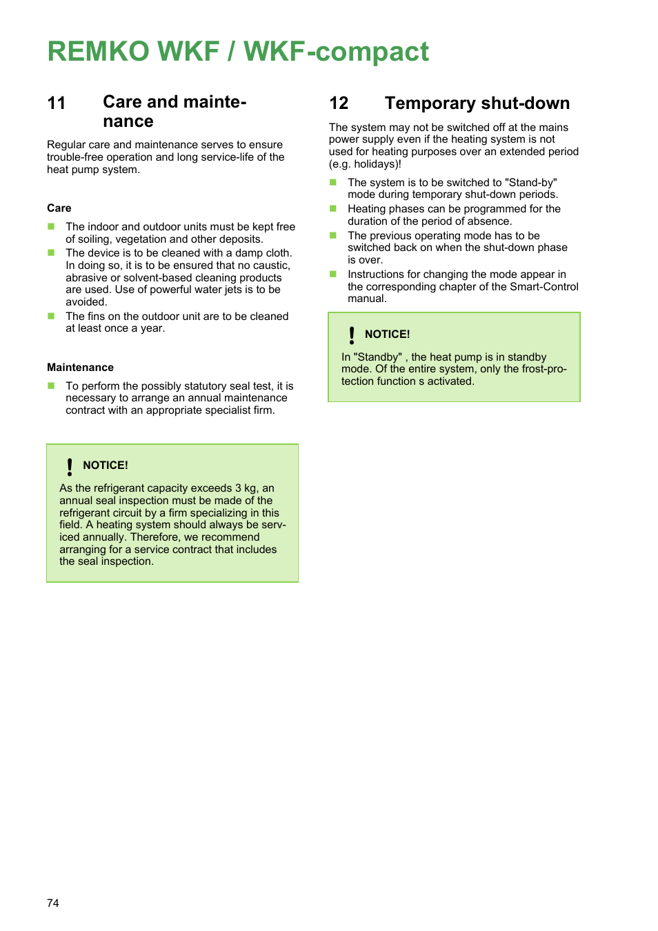 11 care and maintenance, 12 temporary shut-down, Care and maintenance | Temporary shut-down, Remko wkf / wkf-compact, Care and mainte- nance | REMKO WKF 85 User Manual | Page 74 / 96