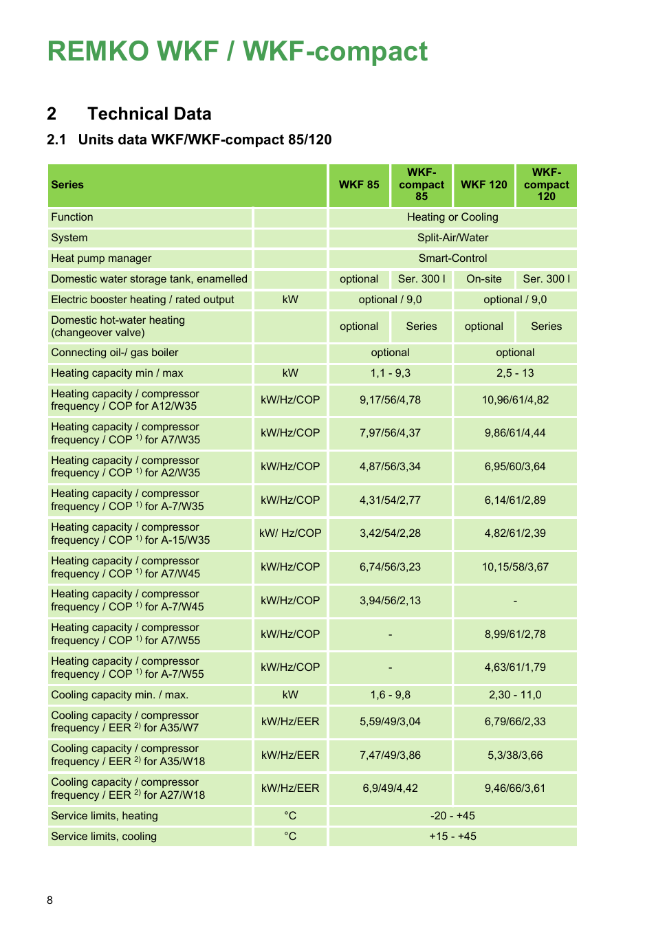 2 technical data, 1 units data wkf/wkf-compact 85/120, Remko wkf / wkf-compact | Technical data | REMKO WKF 85 User Manual | Page 8 / 96