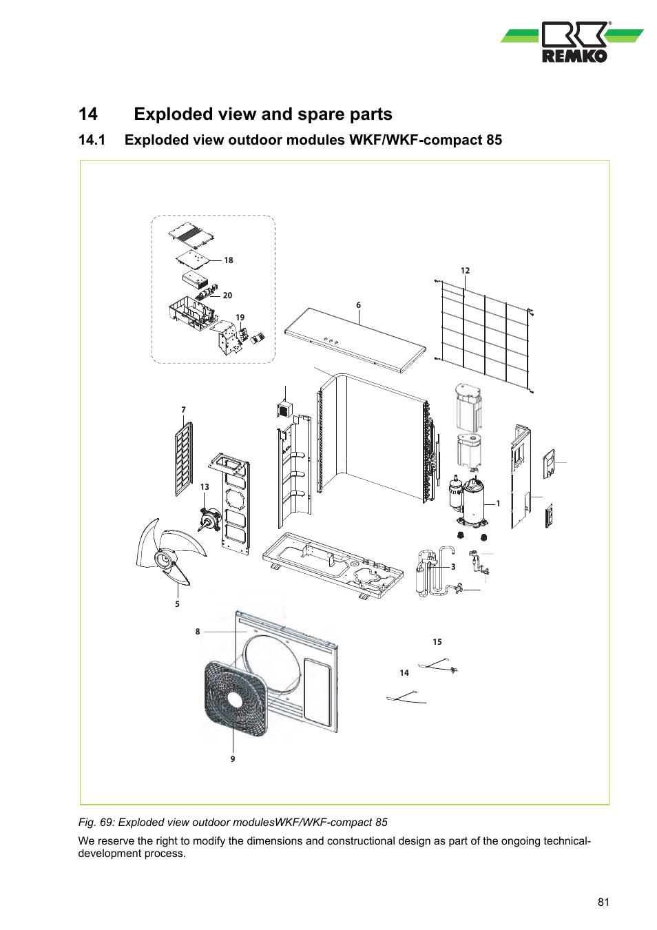 14 exploded view and spare parts, 1 exploded view outdoor modules wkf/wkf-compact 85, Exploded view and spare parts | Exploded view outdoor modules wkf/wkf-compact 85 | REMKO WKF 85 User Manual | Page 81 / 96