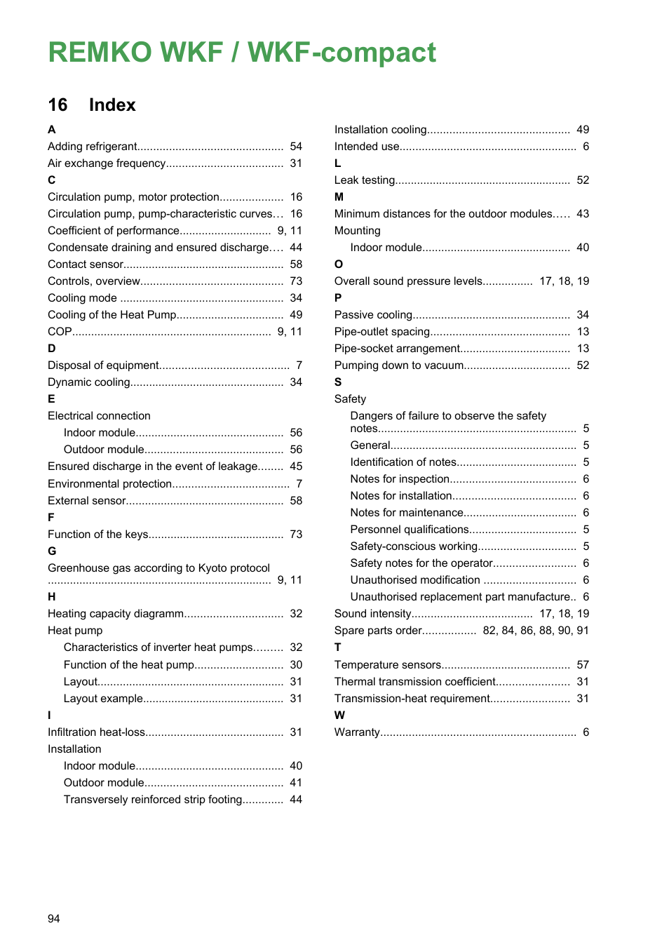 16 index, Index, Remko wkf / wkf-compact | REMKO WKF 85 User Manual | Page 94 / 96