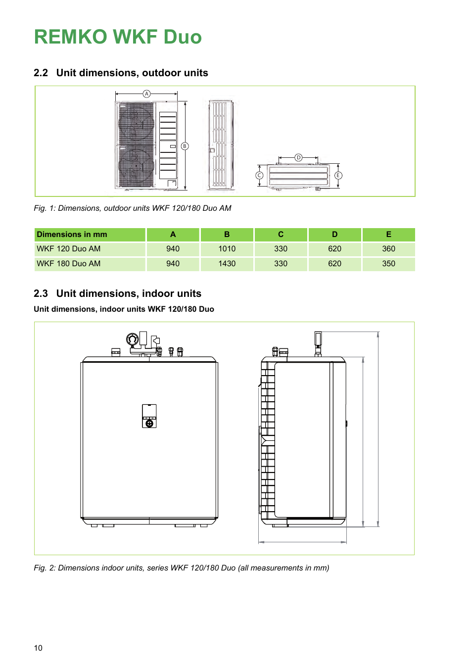 2 unit dimensions, outdoor units, 3 unit dimensions, indoor units, Remko wkf duo | Unit dimensions, outdoor units, Unit dimensions, indoor units | REMKO WKF 120 Duo User Manual | Page 10 / 64