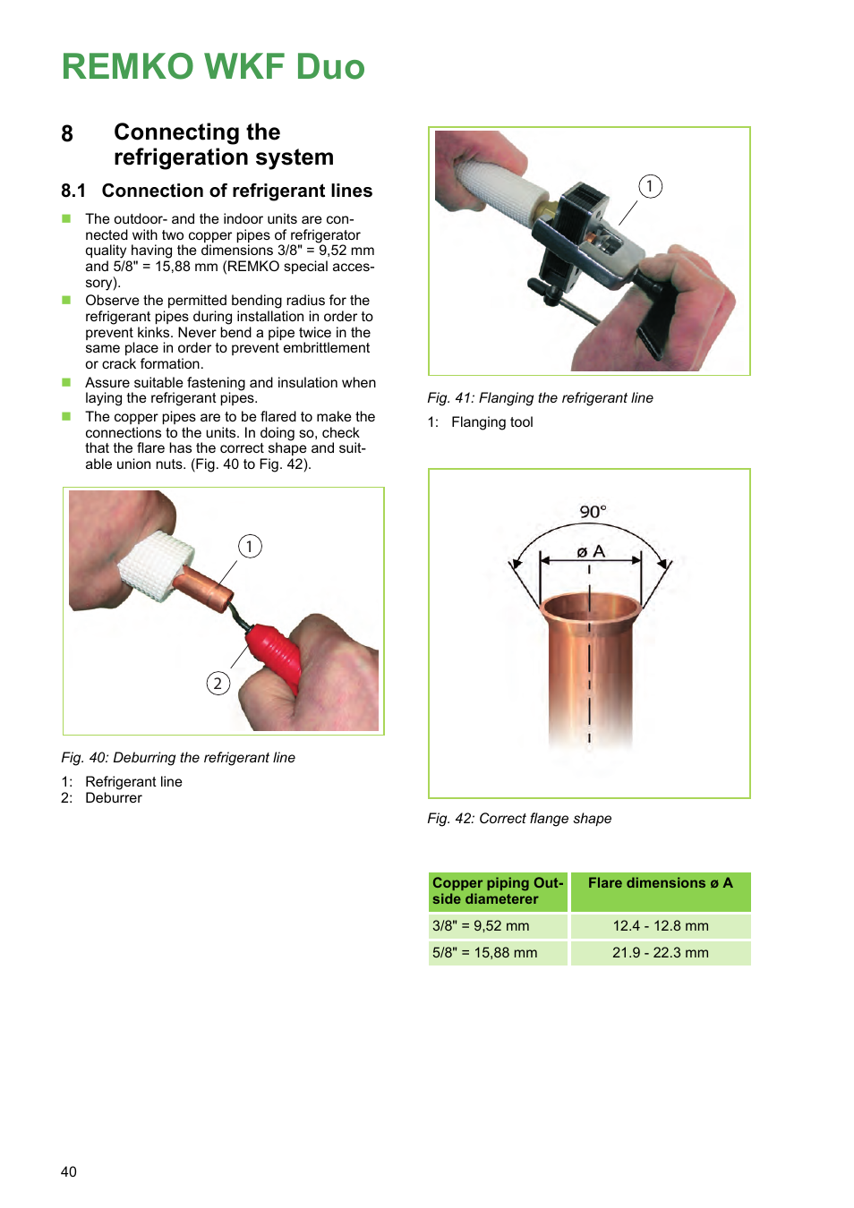 8 connecting the refrigeration system, 1 connection of refrigerant lines, Remko wkf duo | Connecting the refrigeration system | REMKO WKF 120 Duo User Manual | Page 40 / 64