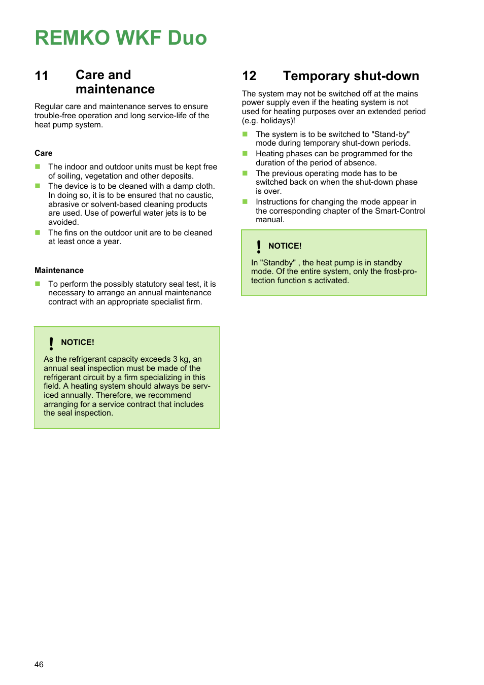 11 care and maintenance, 12 temporary shut-down, Care and maintenance | Temporary shut-down, Remko wkf duo | REMKO WKF 120 Duo User Manual | Page 46 / 64
