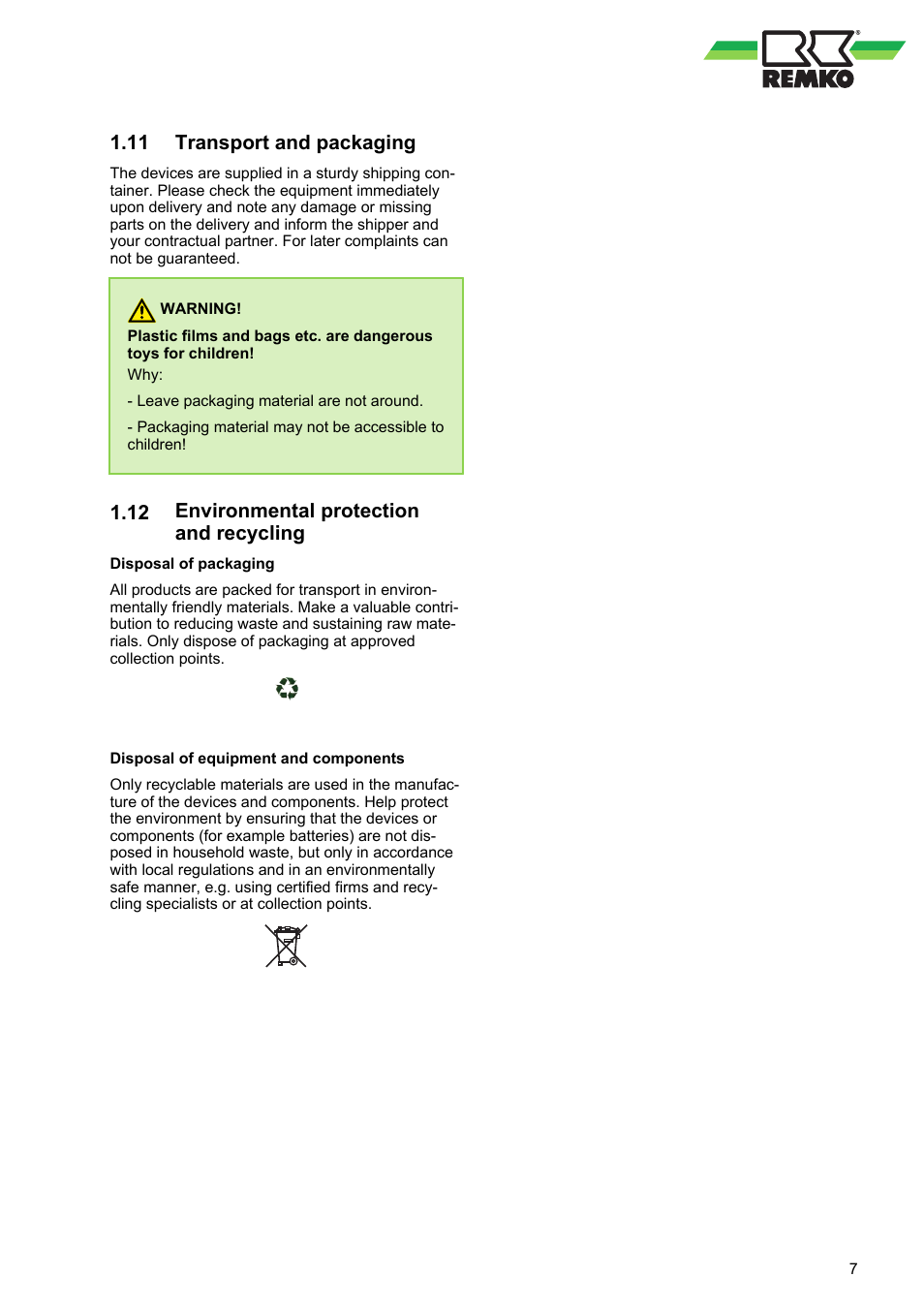 11 transport and packaging, 12 environmental protection and recycling, Transport and packaging | Environmental protection and recycling | REMKO WKF 120 Duo User Manual | Page 7 / 64