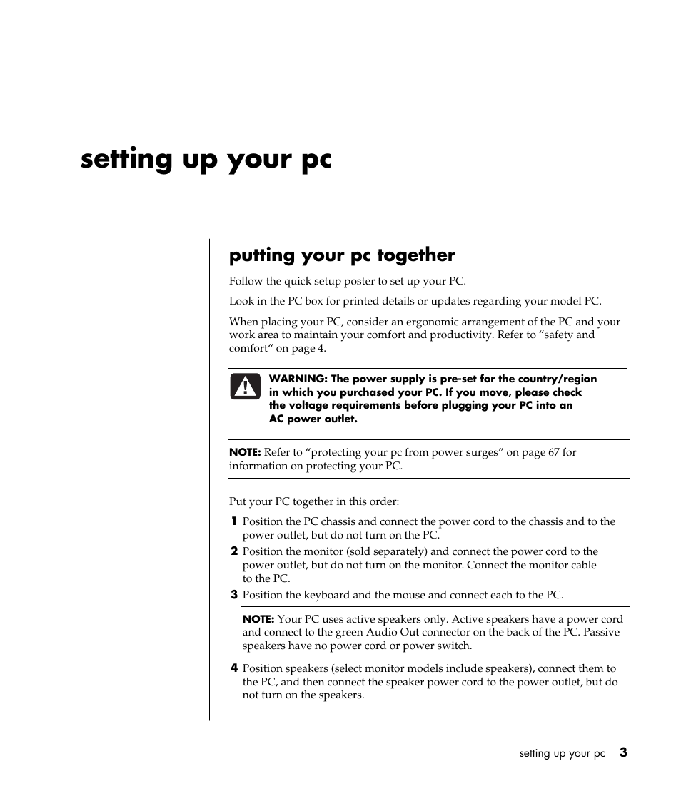 Setting up your pc, Putting your pc together | Compaq PRESARIO S0000 User Manual | Page 10 / 123