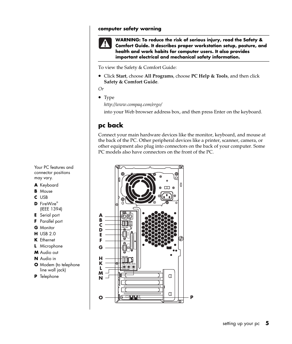 Pc back | Compaq PRESARIO S0000 User Manual | Page 12 / 123