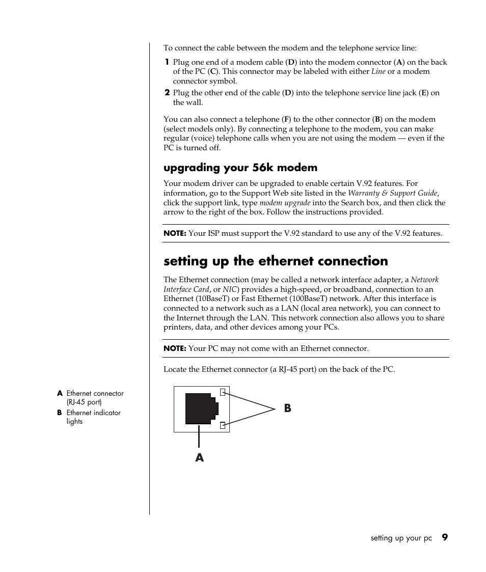 Setting up the ethernet connection, Upgrading your 56k modem | Compaq PRESARIO S0000 User Manual | Page 16 / 123
